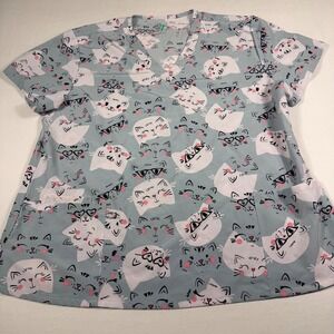 GT Performance Scrub Top 2X Gray Cat Print V-Neck Short Sleeve Pockets 548A-17